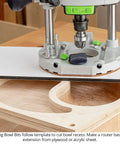 Pro Grade 3 Piece Bowl And Tray Router Bit Set With Half Inch Shank Solid Carbide Heads Three Fluted Design For Sharp Woodworking Curves Built Like A Tank In Usa in use with router on plywood cutting bowl shape.