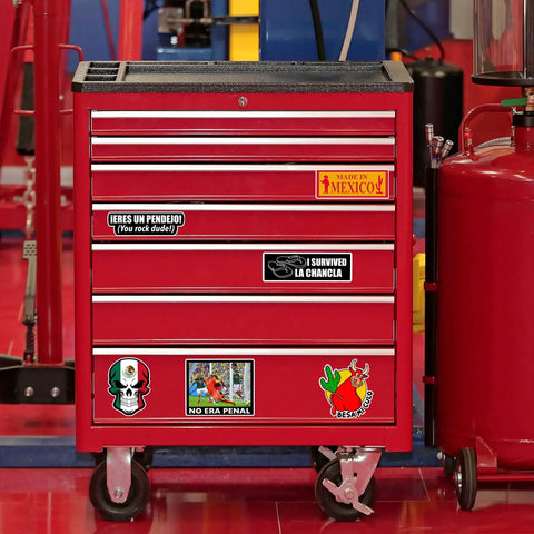 Red toolbox with Patriotic Mexican Pride Sticker Pack For Helmets Laptops Water Bottles And Tool Boxes 100 Dope Durable Vinyl Decals
