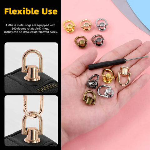 Assorted 52 Piece Metal D Ring Rivets And Chicago Studs For Leather Crafts Featuring 360 Rotating Ball Post Buttons and punch tool in hand.