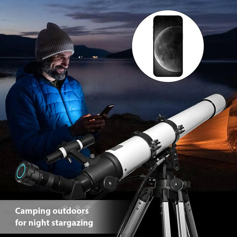 Person using WiFi Electronic Eyepiece For Telescope Camera With 4K Video Recording outdoors, night stargazing scene