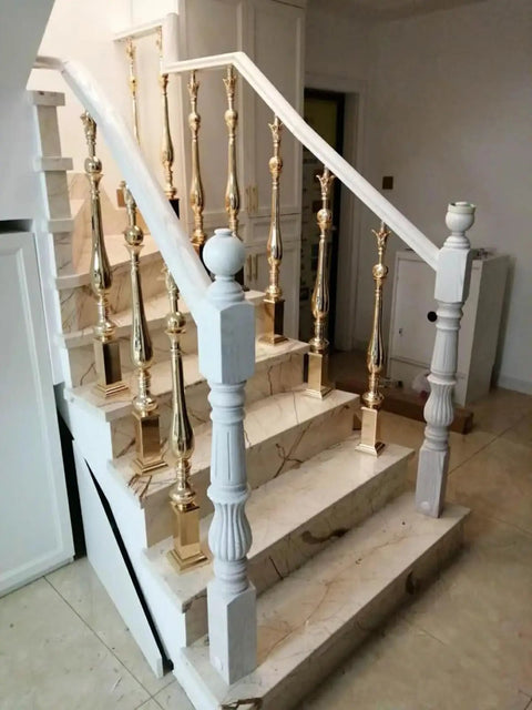 Pro Level Zero Hassle 0 To 270 Adjustable Angle Deck Banister Columns Bulk Pack Heavy Duty Staircase Railing Support Posts in gold and white.