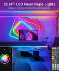 32.8Ft Flexible Neon Rope Lights With App And Remote Control Dope RGB LED Neon Rope Light With Music Sync Multiple Modes Outdoor Rope Light For Gaming Setup Home Theater And Patio Decor illuminating a modern living room wall.