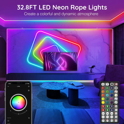 32.8Ft Flexible Neon Rope Lights With App And Remote Control Dope RGB LED Neon Rope Light With Music Sync Multiple Modes Outdoor Rope Light For Gaming Setup Home Theater And Patio Decor illuminating a modern living room wall.