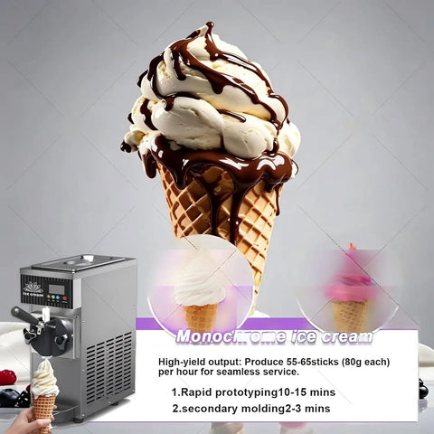 Heavy Duty Commercial Ice Cream Machine, Fast As Lightning Quick Freeze, No Sweat Self Cleaning, Pro Grade Block Maker, Ready To Roll For Cafes And Milk Tea Shops, 60 Blocks Per Hour with ice cream cone.
