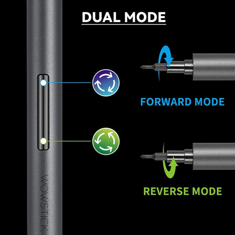 Dual mode switch on 69 In 1 Mini Electric Screwdriver Kit With Type C Recharge, forward and reverse modes shown, cordless auto use