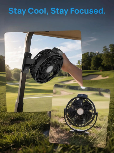Keep Your Cart Fresh With This Rock Solid Two Pack Eight Inch Magnetic Golf Cart Fan featuring a heavy duty strap and bright lighting.