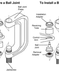 Diagram showing Ball Joint Press And U Joint Removal Kit With 4x4 Adapters For Most 2WD And 4WD used for removal and installation.