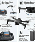 Foldable Mini Drone With Screen Controller And SD Card For Beginners Two Batteries Included showing features and components