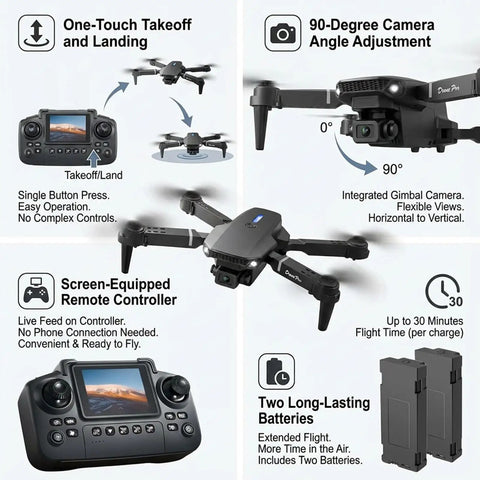 Foldable Mini Drone With Screen Controller And SD Card For Beginners Two Batteries Included showing features and components