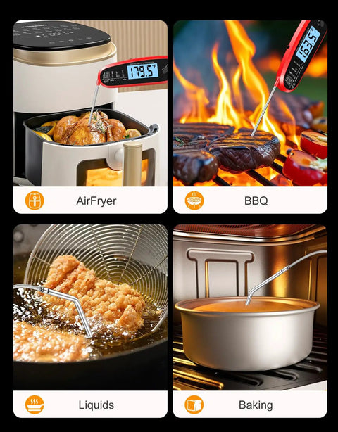 Instant Read Digital Meat Thermometer With Dual Probes For Grilling And Cooking in air fryer, BBQ, liquid, and baking