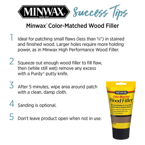 Minwax Color-Matched Wood Filler tube with application instructions for filling cracks, gouges, and nail holes in finished wood.