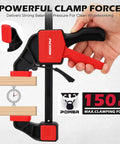 12 Inch Bar Clamps Set With Quick Release For Woodworking, showing clamp in use with powerful grip, 150 lbs load per clamp.