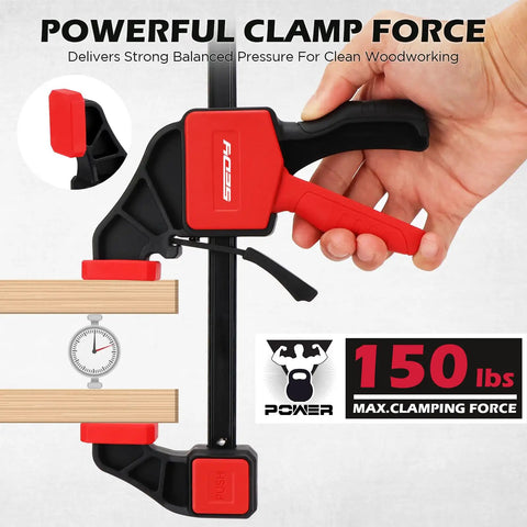 12 Inch Bar Clamps Set With Quick Release For Woodworking, showing clamp in use with powerful grip, 150 lbs load per clamp.