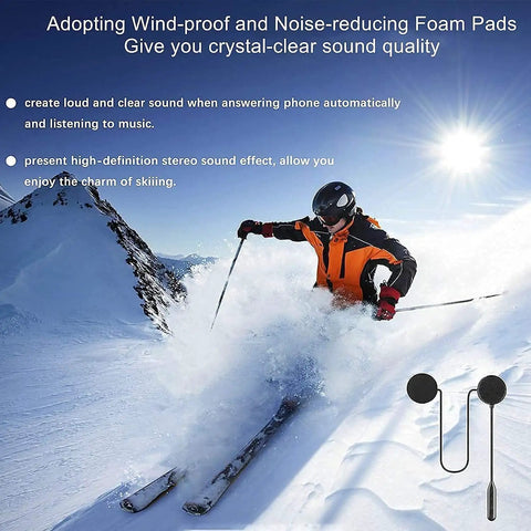 Skier wearing Motorcycle Helmet Bluetooth Headset with Waterproof Sports Sound System Hands Free Music and Call Control Auto Answer 60 Hour Play Time Clear HiFi Audio Dual Device Pairing Solid 20 Meter Range for Riding, skiing on snow-covered mountain with clear blue sky.