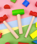 Three Piece Toy Hammer Set, Red Claw Hammer, Green Big Hammer, Red Small Hammer for Pretend Play, Kid Friendly Plastic Maintenance Tools for Kids Birthday Party Supplies and DIY Playtime Fun, wooden handles