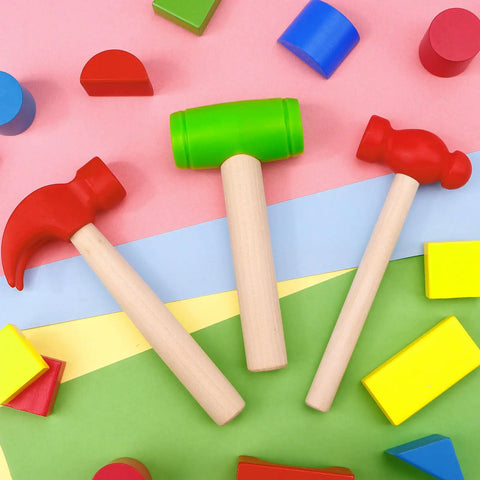 Three Piece Toy Hammer Set, Red Claw Hammer, Green Big Hammer, Red Small Hammer for Pretend Play, Kid Friendly Plastic Maintenance Tools for Kids Birthday Party Supplies and DIY Playtime Fun, wooden handles