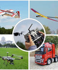 Ten And Twelve Channel Radio Transmitter And Receiver With Beefed Up Long Range And DSSS FHSS Tech For Airplanes Jets FPV Racing Drones Quads RC Cars Boats Mode Two Left Hand Control And More Gear For All Scenes shown with model vehicles