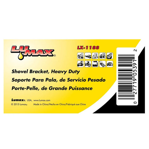 Product label for Heavy Duty Shovel Bracket Galvanized Steel Mount with barcode and multilingual description.