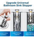 Universal Bathroom Sink Drain Strainer With All Metal Pop Up Stopper And Removable Stainless Steel Filter Basket in use, showcasing drainage.
