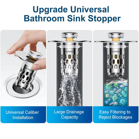 Universal Bathroom Sink Drain Strainer With All Metal Pop Up Stopper And Removable Stainless Steel Filter Basket in use, showcasing drainage.