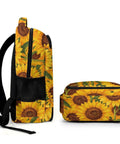 Side and top view of Dense Sunflower Repeat Printed Backpack For Everyday Carry Unisex Large Capacity Daypack With Durable Zipper