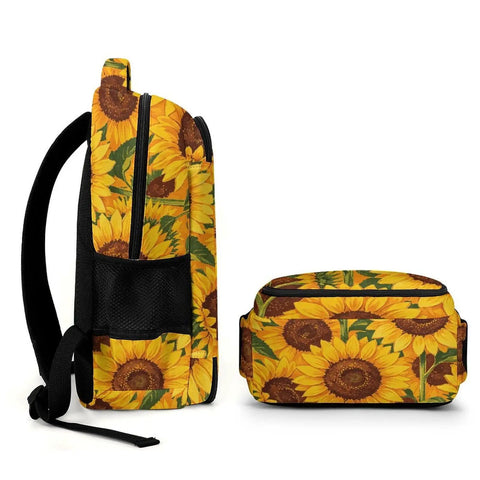 Side and top view of Dense Sunflower Repeat Printed Backpack For Everyday Carry Unisex Large Capacity Daypack With Durable Zipper