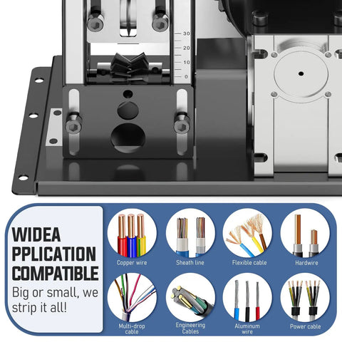 Image of Automatic Wire Stripper Knocks Out Copper Prep Handles for various cable types and sizes on a sturdy metal base.