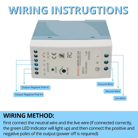 Wiring instructions for 24V DC DIN Rail Power Supply 60W With 100 240V AC Input And 2.5A Output Industrial Switching Converter