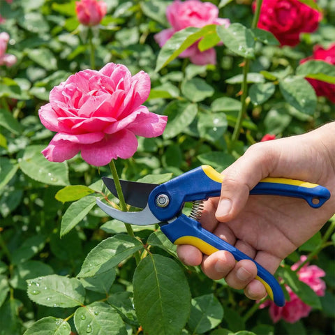 Hand holding blue and yellow pruning shears cutting pink rose in garden