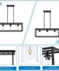 3 Light Linear Kitchen Island Chandelier Dope Matte Black With Rectangular Clear Glass Shades showcasing on-off views.