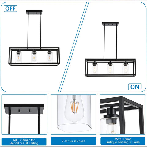 3 Light Linear Kitchen Island Chandelier Dope Matte Black With Rectangular Clear Glass Shades showcasing on-off views.