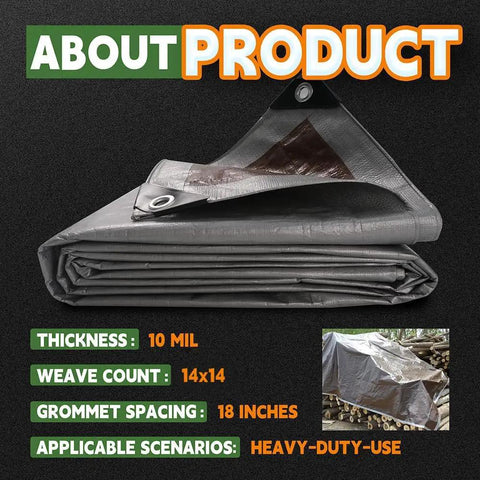 12x16 Feet Heavy Duty Waterproof Poly Tarp, 10 Mil Thick Multipurpose Tarp Cover With Metal Grommets And Reinforced Edges