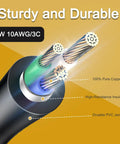 25 Foot Plug And Play Electric Vehicle Charger Adapter Nema 10 30p To Four Prong 14 50r Female Power Extender Cord showcasing 10 AWG copper wiring and insulation.