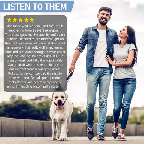 Couple walking dog, testimonial praising ankle support brace for recovery from sprains, emphasizes comfort and adjustability.