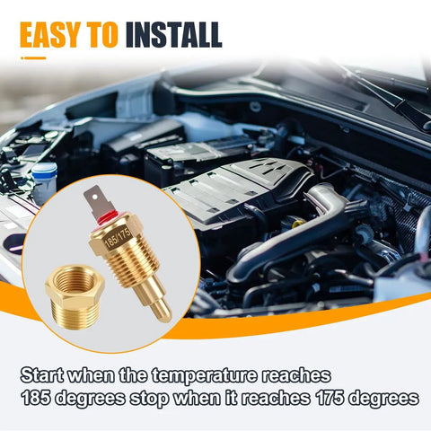 Electric Cooling Fan Thermostat Switch For Auto Radiator Temperature Sensor Switch Three Eighths Inch Pipe Thread Fits 10 Inch 12 Inch 14 Inch 16 Inch Fans Gold For Your Ride, brass 185/175 switch installed in engine bay
