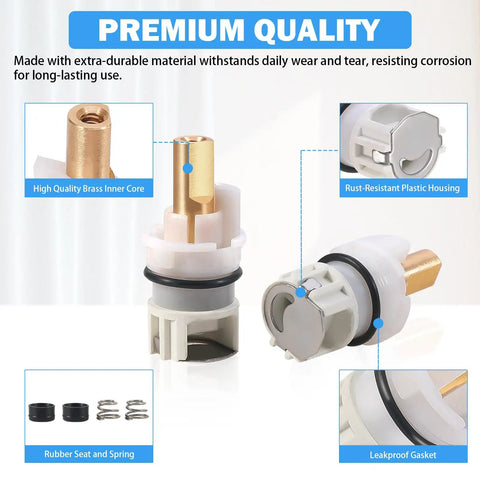 Heavy Duty Faucet Stem Assembly Kit For Two Handle Kitchen Bath And Tub Shower Universal Replacement Parts Quick Swap Design showcasing brass core and plastic housing.