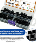 16 Piece M8 x 25mm Flange Head Bolts Kit With Serrated Flange Nuts And Washers In Carbon Steel Black Oxide Finish Full Thread Fasteners Set For DIY And Pro Grade Projects Organized Portable Case in open storage box