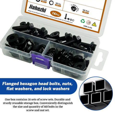 16 Piece M8 x 25mm Flange Head Bolts Kit With Serrated Flange Nuts And Washers In Carbon Steel Black Oxide Finish Full Thread Fasteners Set For DIY And Pro Grade Projects Organized Portable Case in open storage box