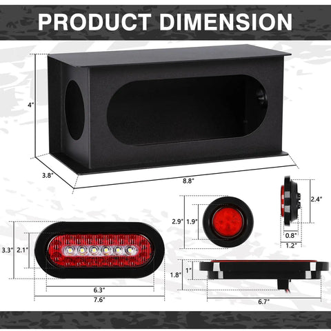 Two Pack Heavy Duty Trailer Light Steel Boxes Kit With Six Inch Oval Red And White LED Tail Lights dimensions chart