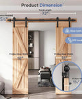 6 Ft Double Door Sliding Barn Door Hardware Track Kit With Straight Pulley Built To Last Heavy Duty Steel Black Powder Coat showcasing door dimensions and installed view.