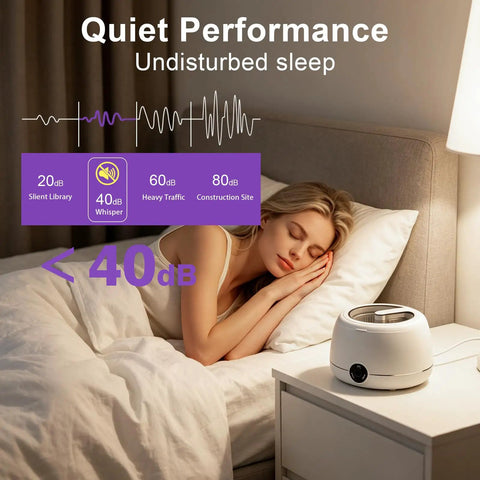 Woman sleeping peacefully near Dual Ultrasonic And UV Retainer Cleaner For Dentures And Invisalign, 40dB silent operation