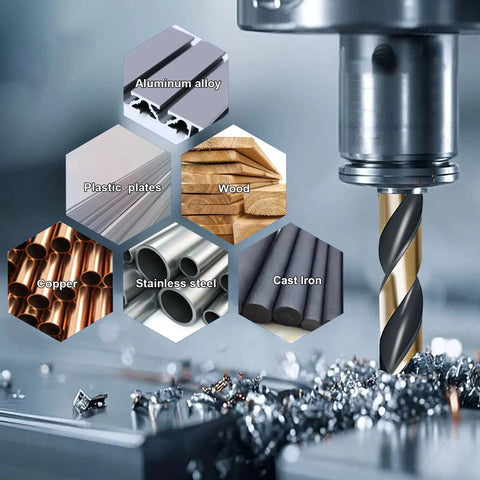 Kickass Heavy Duty Cobalt Drill Bit Set With 135 Degree Sharp Tips And Sleek Black Gold Finish Built Tough For Stainless Steel Wood And Metal Drilling Includes No Hassle Indexed Storage Case Sizes 1/16 To 1/2 Inch with drill bit and materials like aluminum and wood.