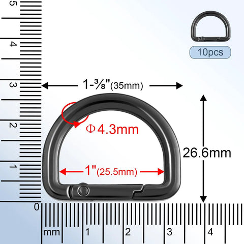 Diagram of Ten Pack One Inch Spring D Ring Purse Clips Metal Carabiner Keychain Clips; 1in diameter, 4.3mm wire, with measurements