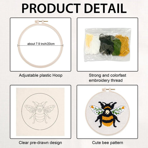 Chill Dope Beginner Punch Needle Starter Kit With Cute Bee Pattern showing hoop, threads, pre-printed fabric, and bee design