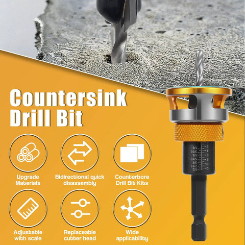 Carbon Steel Countersink Drill Bit Set for Woodworking Pro Grade Heavy Duty Countersink Bits with Heat Resistant Tips and Depth Stop