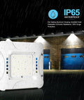 150W LED Canopy Light, 20250 LM, 5000K Daylight White, IP65 rated for outdoor use in rain, shown at a storefront at night