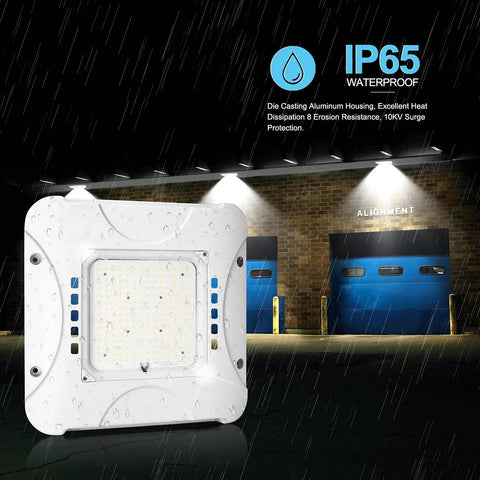 150W LED Canopy Light, 20250 LM, 5000K Daylight White, IP65 rated for outdoor use in rain, shown at a storefront at night