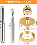 Solid Brass Inlay Router Kit For Quarter Inch Templates Pro Grade High RPM Routing Includes One Eighth Inch Carbide Bit One Quarter Inch Shank Universal Bushing Retainer Nut Collar And Alignment Pin For DIYers Woodworking shown with dimensions