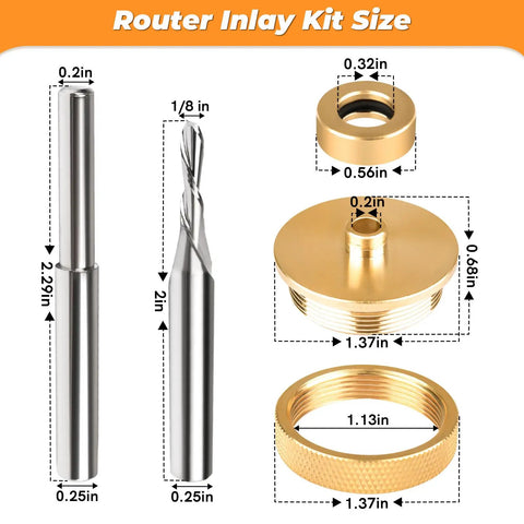 Solid Brass Inlay Router Kit For Quarter Inch Templates Pro Grade High RPM Routing Includes One Eighth Inch Carbide Bit One Quarter Inch Shank Universal Bushing Retainer Nut Collar And Alignment Pin For DIYers Woodworking shown with dimensions