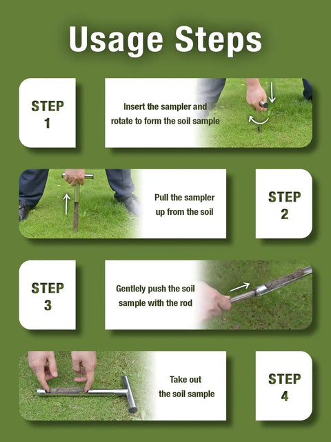 Instructional steps for using 12 Inch Stainless Steel Soil Probe for Deep Sampling, Grab-and-Go Rust-Resistant Sampler Rod in garden.